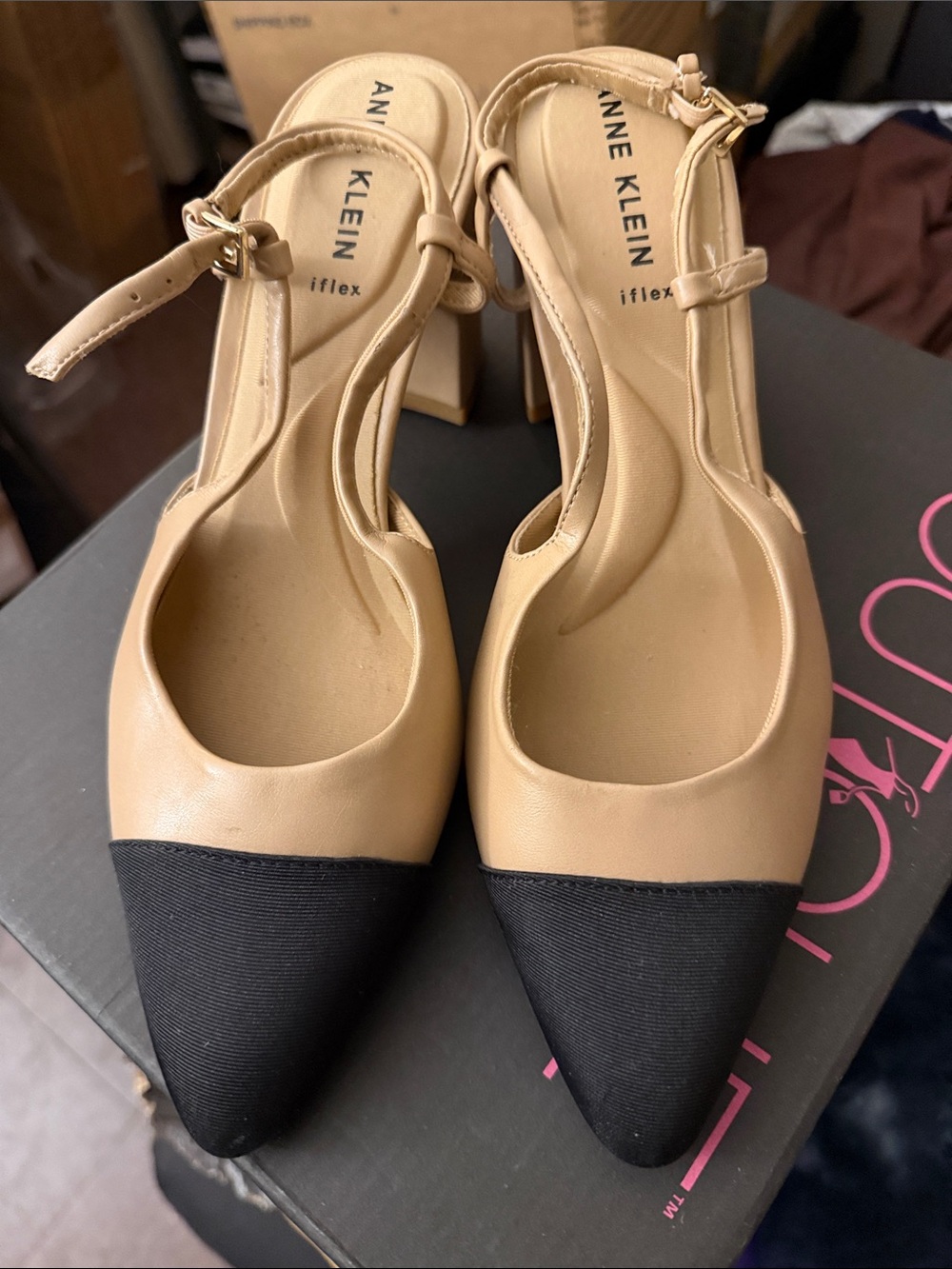 Anne Klein Tan and Black Pointed Toe Slingback Heels